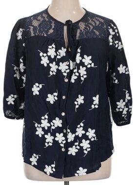 Ana & Rose Women's Navy Floral Embroidered Tie-Neck Blouse 1X Boho Summer NWT
